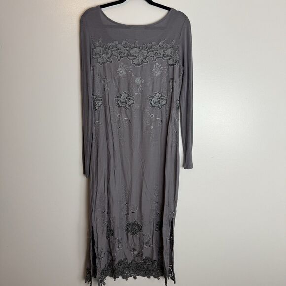 Sundance Embroidered Grey Long Sleeve Midi Dress Lace Knit Gray Size 4 Boho - Picture 6 of 11